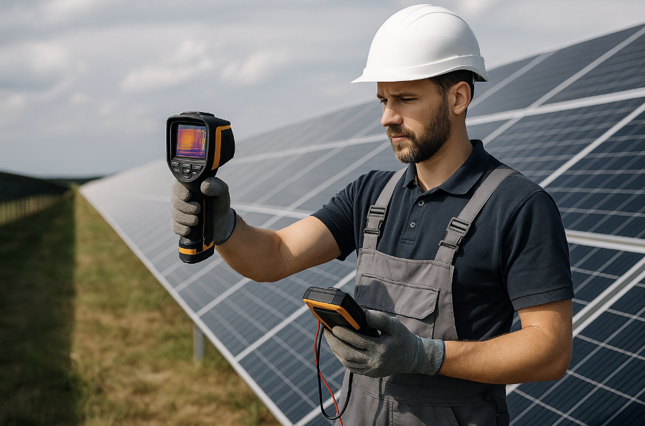 Service und Wartung PV-Grossanlage Technicker führt Service und Wartung einer grossen Solaranlage durch.